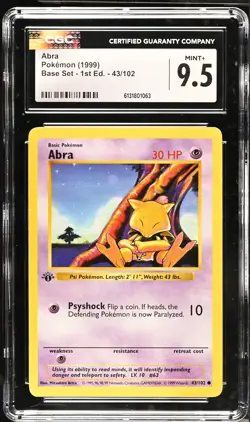 CGC 9.5 MINT+ Abra 43/102 1st Edition Shadowless Base Set Pokemon Card - Image 1