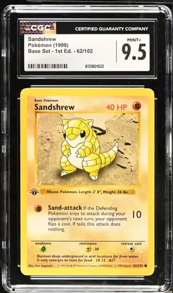 CGC 9.5 MINT+ Sandshrew 62/102 1st Edition Shadowless Base Set Pokemon Card - Image 1