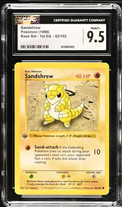 CGC 9.5 MINT+ Sandshrew 62/102 1st Edition Shadowless Base Set Pokemon Card - Image 1