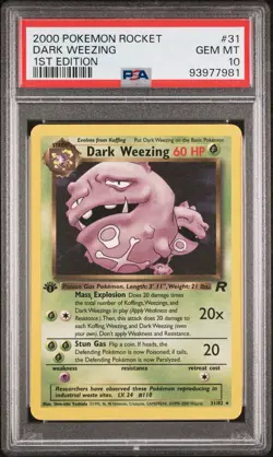 PSA 10 GEM MINT Dark Weezing 31/82 RARE Team Rocket 1ST EDITION Pokemon Card - Image 1