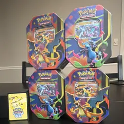 Pokemon TCG Mega Charizard X and Y ex Tin Box Lot of 4 Tins Promo English Sealed - Image 1