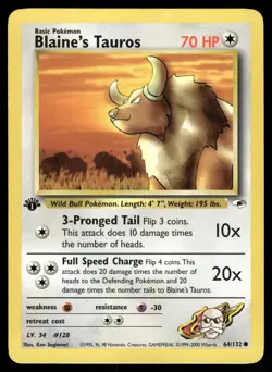 Blaine's Tauros 64/132 Common Gym Heroes Pokemon 1st Edition Lightly Played - Image 1