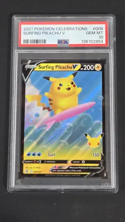 PSA 10 Surfing Pikachu V 008/025 Celebrations Pokemon 2021 - Image 1