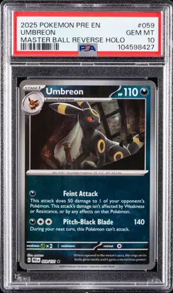 2025 POKEMON PRE EN-PRISMATIC EVOLUTIONS MASTER BALL REVERSE HOLO UMBREON PSA 10 - Image 1