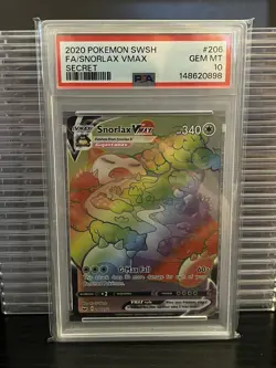 2020 Pokemon PSA 10 Sword & Shield #206 Snorlax SECRET Rainbow Full Art - Image 1