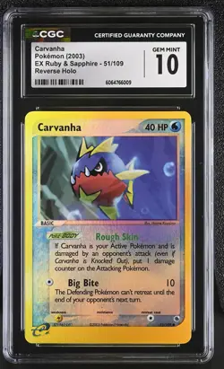 CGC 10 GEM MINT Carvanha EX Ruby & Sapphire 51/109 Reverse Holo Pokemon Card - Image 1