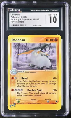 CGC 10 GEM MINT Donphan 2003 EX Ruby & Sapphire 17/109 Reverse Holo Pokemon Card - Image 1