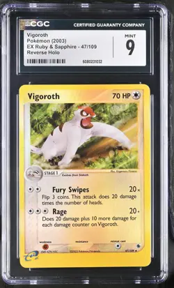 CGC 9 MINT Vigoroth 2003 EX Ruby & Sapphire 47/109 Reverse Holo Pokemon Card - Image 1
