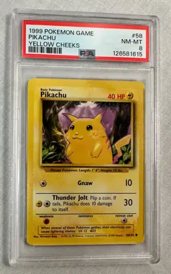 1999 Pokemon Base Set Unlimited PIKACHU Yellow Cheeks #58 PSA 8 NM-MT - Image 1