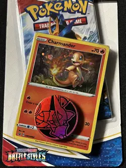 Pokemon Battle Styles Booster Pack Charmander Promo Card & Coin In Hand - Image 2