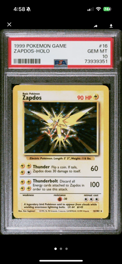 Pokemon Zapdos Base Set Unlimited Holo Rare #16 PSA 10 Gem Mint - Image 1
