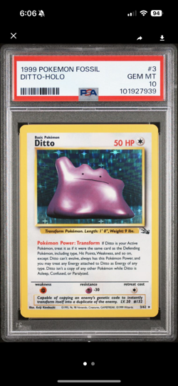 Pokemon Ditto Fossil Unlimited Holo Rare #3 PSA 10 Gem Mint - Image 1