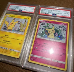 2019 Pokemon Pikachu SM162 PSA 7 & Mimikyu SM163 PSA 8 Holo Promo Pair SWIRL - Image 1