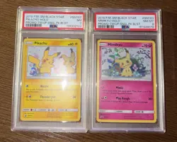 2019 Pokemon Pikachu SM162 PSA 7 & Mimikyu SM163 PSA 8 Holo Promo Pair SWIRL - Image 2