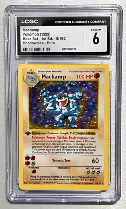 1999 Base Set 1st Edition Shadowless Machamp Holo Pokemon Card CGC 6 8/102 - Image 1