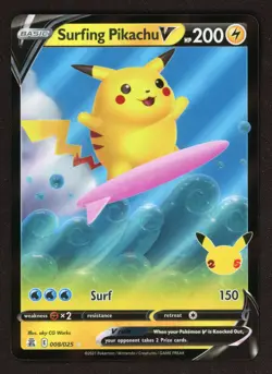 Pokemon Surfing Pikachu V 008/025 Celebrations Ultra Rare Holo LP - Image 1