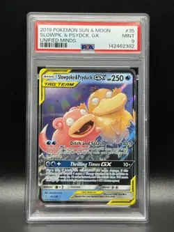 PSA 9 MINT Slowpoke & Psyduck GX 35 Unified Minds Pokemon Card - Image 1