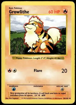 Growlithe 28/102 Uncommon Base Set Shadowless Pokemon Unlimited MP - Image 1