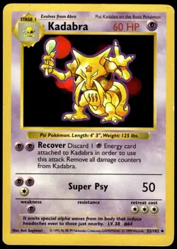 Kadabra 32/102 Uncommon Base Set Shadowless Pokemon Unlimited MP - Image 1