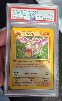 1999 Pokemon Fossil Aerodactyl 1/62 Holo 1st Edition Pre Release PSA 9 - Image 1