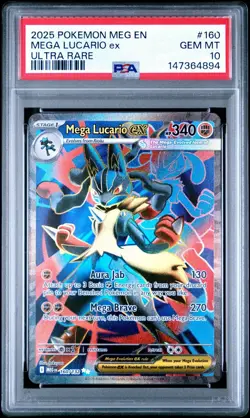 2025 Pokemon Mega Evolution Lucario ex Full Art Ultra Rare #160/132 PSA 10 - Image 1