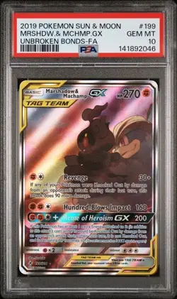 PSA 10 MARSHADOW & MACHAMP GX 199 UNBROKEN BONDS SUN & MOON TAG TEAM POKEMON - Image 1