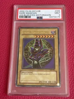 2002 Yu-Gi-Oh Dark Magician LOB-005 Legend of Blue Eyes PSA 9 Mint - Image 1
