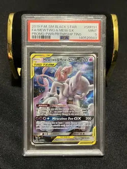 2019 POKEMON PARTNERSHIP TAG TEAM TINS MEWTWO & MEW GX #SM191 FULL ART PSA 9 - Image 1