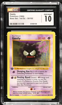 CGC 10 GEM MINT Gastly 50/102 1st Edition Shadowless Base Set Pokemon Card - Image 1