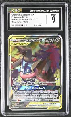 CGC 9 MINT Greninja & Zoroark GX Unbroken Bonds 201/214 Ultra Rare Pokemon Card - Image 1