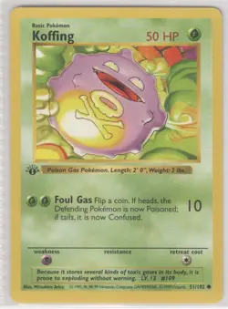Pokemon Koffing 1st edition base set 51/102 Raw NM MT WOTC Rare Vintage 1999 - Image 1