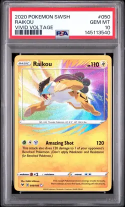 PSA 10 RAIKOU AMAZING RARE #050 POKEMON SWORD & SHIELD VIVID VOLTAGE GEM MINT - Image 1
