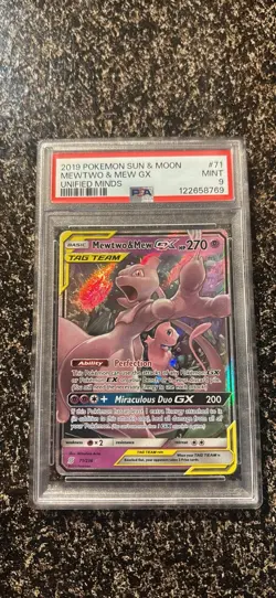 2019 Pokemon Sun & Moon Unified Minds Mewtwo & Mew GX PSA 9 #71/236 - Image 1