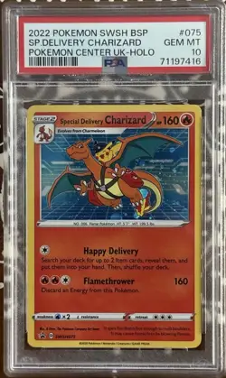 2022 POKEMON SWSH BSP SP DELIVERY CHARIZARD POKEMON CENTER UK- HOLO #075 PSA 10 - Image 1