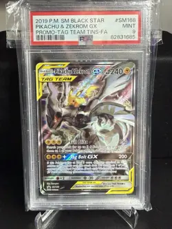 2019 POKEMON SM TAG TEAM TINS PROMO #SM168 FULL ART/ PIKACHU & ZEKROM GX PSA 9 - Image 1