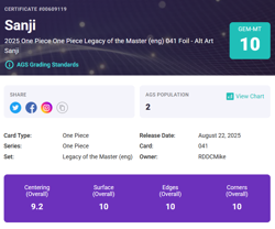 One Piece English Sanji Leader Alt Art OP12-041 Legacy of the Master AGS 10 - Image 3