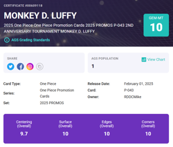 One Piece Monkey D. Luffy 2nd Anniversary Tournament Promo P-043 AGS 10 - Image 3