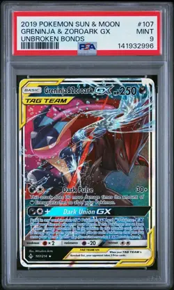 2019 POKEMON SUN & MOON UNBROKEN BONDS #107 GRENINJA & ZOROARK GX PSA 9 - Image 1