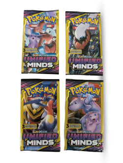 Pokemon Unified Minds 3 Card Booster Pack Complete Art Set of 4 Sealed - Image 1