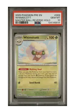 Pokemon Whimsicott 008/131 Sv: Prismatic Evolutions Master Ball Holo PSA 10 2025 - Image 1