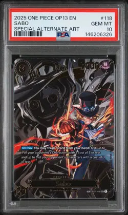 2025 ONE PIECE OP13-CARRYING ON HIS WILL SPECIAL ALTERNATE ART #118 SABO PSA 10 - Image 1