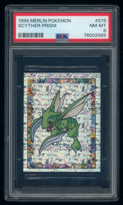 1999 Pokemon Scyther Prism S19 Holo Foil Sticker Card Merlin PSA 8 - Image 1