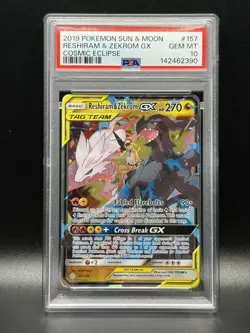 PSA 10 GEM MINT Reshiram & Zekrom GX 157 Cosmic Eclipse Pokemon Card - Image 1