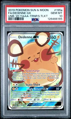 2019 POKEMON SUN & MOON UNBROKEN BONDS #195A FULL ART/DEDENNE GX PSA 10 - Image 1