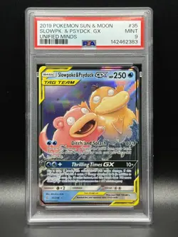 PSA 9 MINT Slowpoke & Psyduck GX 35 Unified Minds Pokemon Card - Image 1