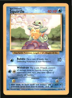 Squirtle 63/102 Common Base Set Unlimited Pokemon Lightly Played - Image 1