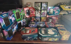 Huge Lot X51 Pokemon Tins EMPTY Assorted + Pokemon Center Pikachu Charizard Bag - Image 1