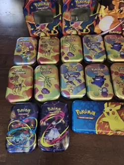 Huge Lot X51 Pokemon Tins EMPTY Assorted + Pokemon Center Pikachu Charizard Bag - Image 4