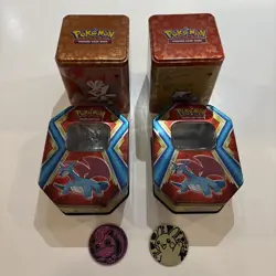 Lot Of (4) Pokemon Card EMPTY Collector’s Tins & (2) Plastic Coins - Image 1