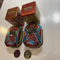 Lot Of (4) Pokemon Card EMPTY Collector’s Tins & (2) Plastic Coins - Image 2